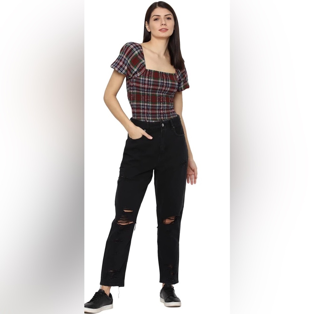 American Eagle - L, Plaid Puff Sleeve‎ Smocked Crop Top